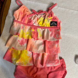 Justice Girls Tankini Swimsuit Pink Tie Dye 5/6 Lined Ruffles Logo 2 Piece Set